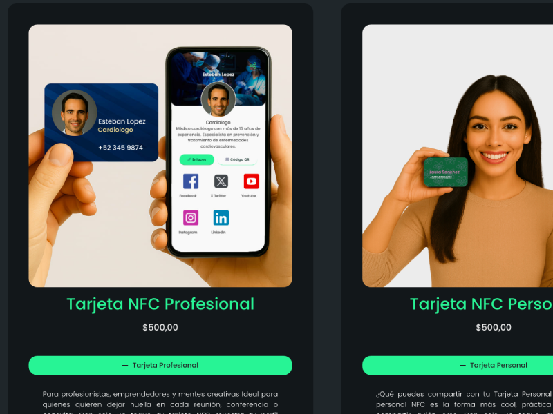 Vista de producto: tarjeta NFC y variantes